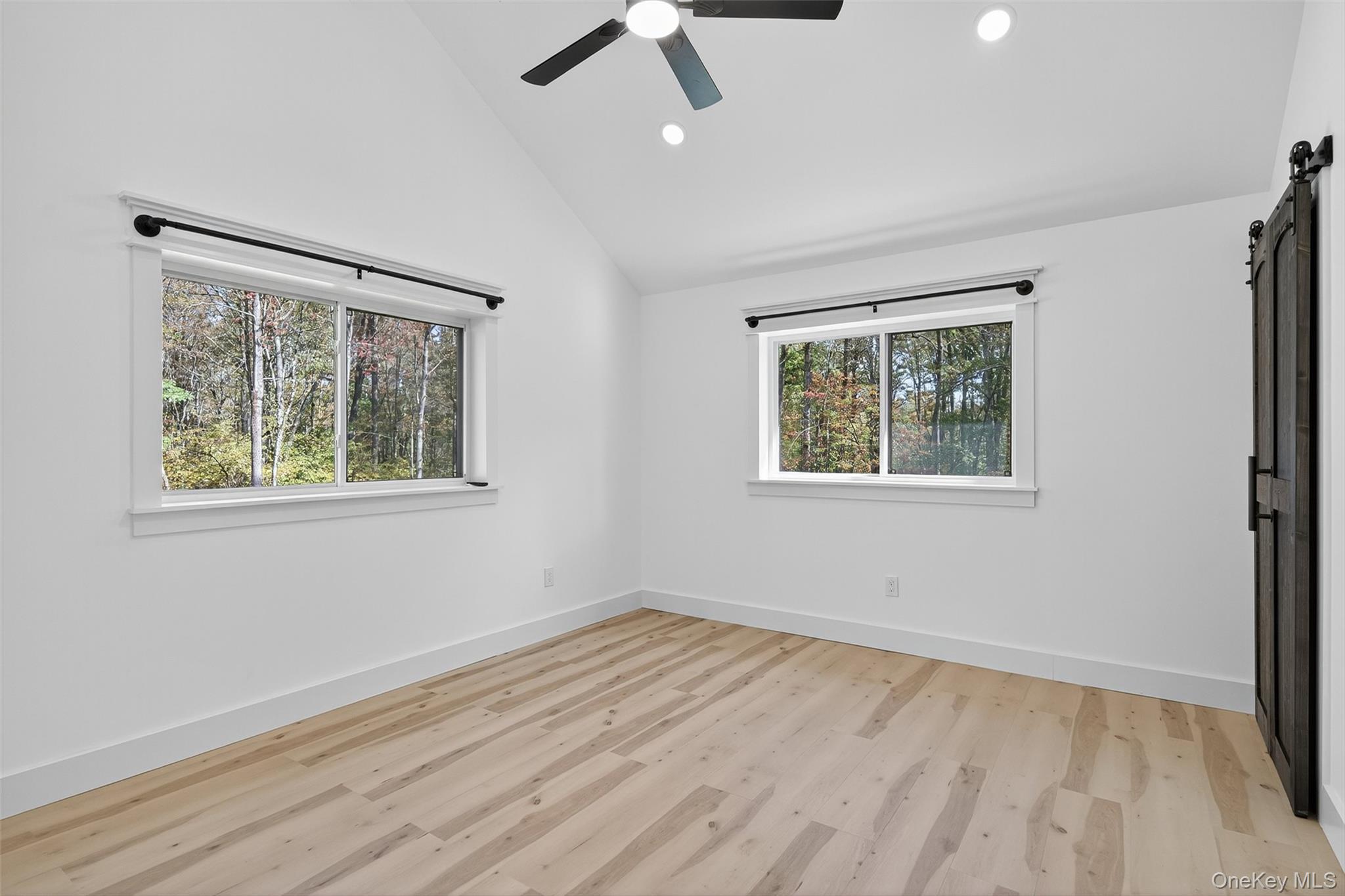 273 Perry Pond Road Narrowsburg, NY 12764 - Photo 32 of 49 Spare room featuring recessed lighting, a barn door, light wood-type flooring, and high vaulted ceiling