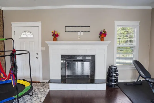 a living room with furniture and a fireplace