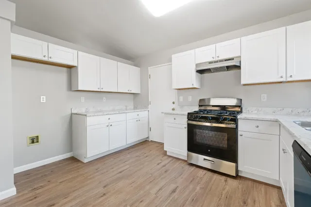 a kitchen with stainless steel appliances white cabinets and a sink