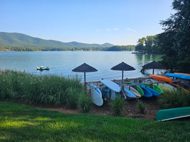 a view of a lake with houses in the back