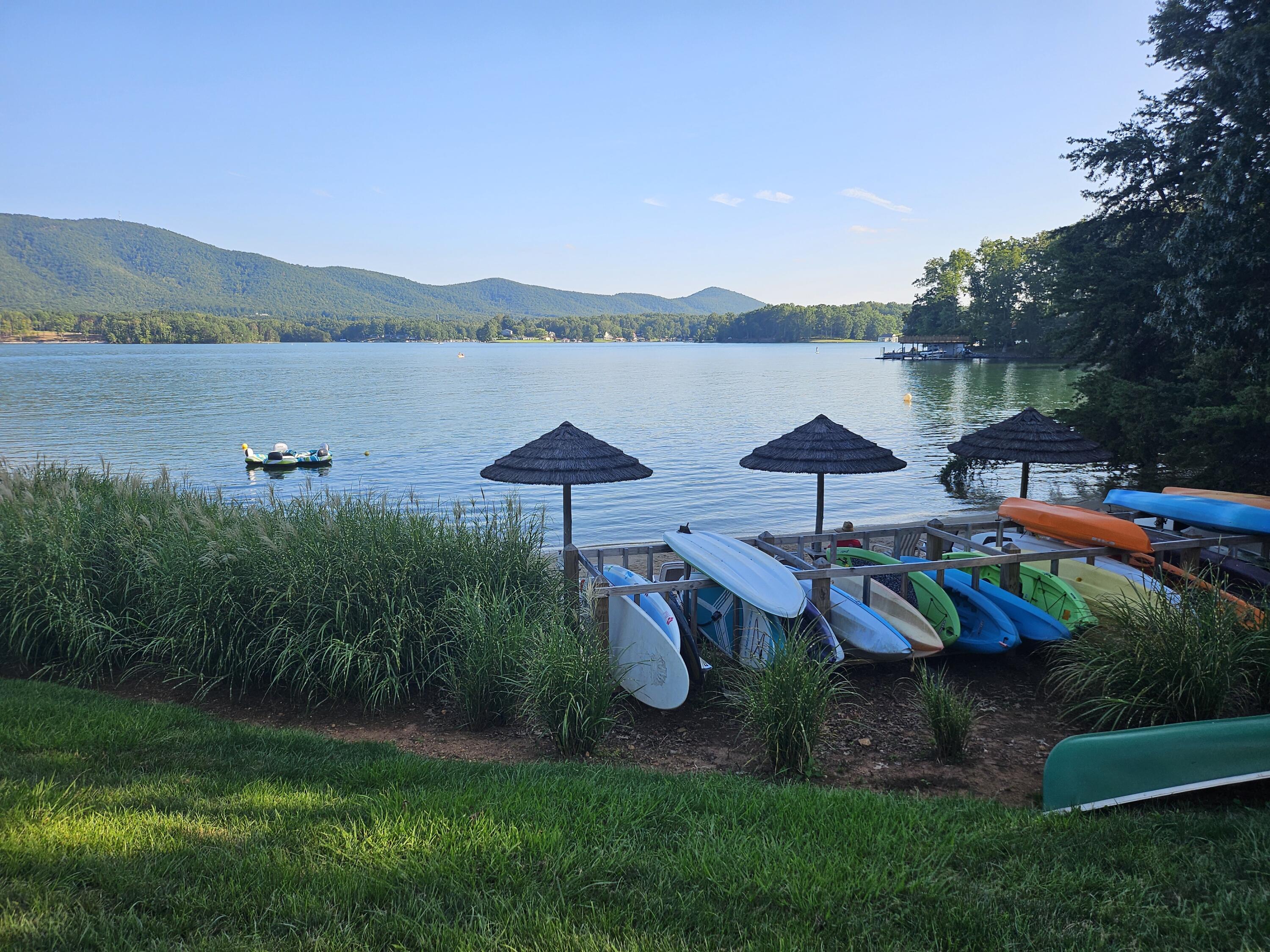 a view of a lake with houses in the back