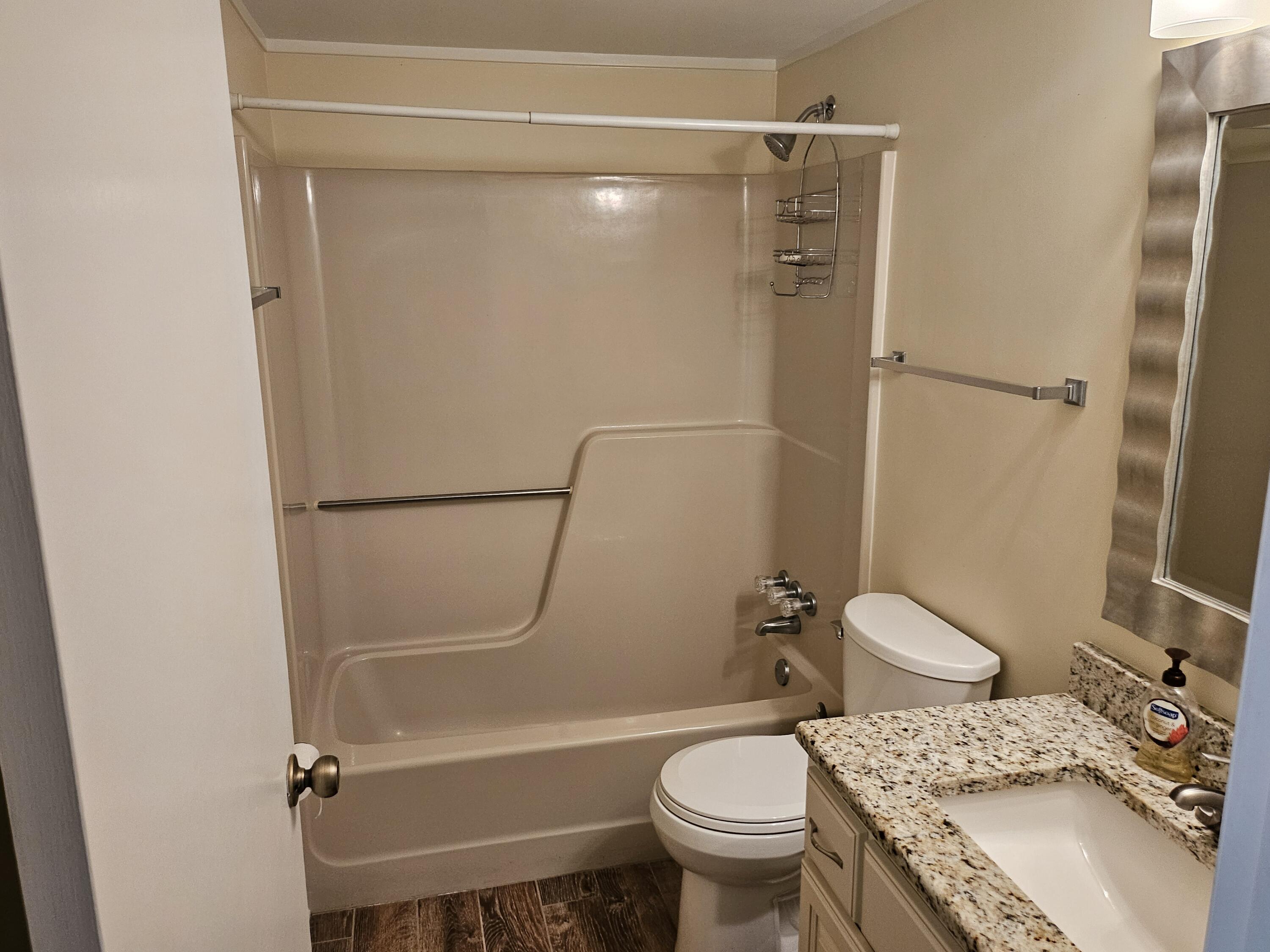 6605 Smith Mountain Road, Unit 101 Penhook, VA 24137 - Photo 12 of 23 a bathroom with a granite countertop bathtub shower sink vanity and toilet