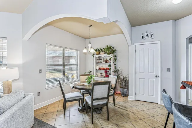a view of a dining room with furniture window and outside view