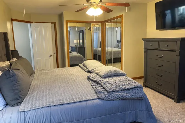 a bedroom with a bed a flat screen tv and couches