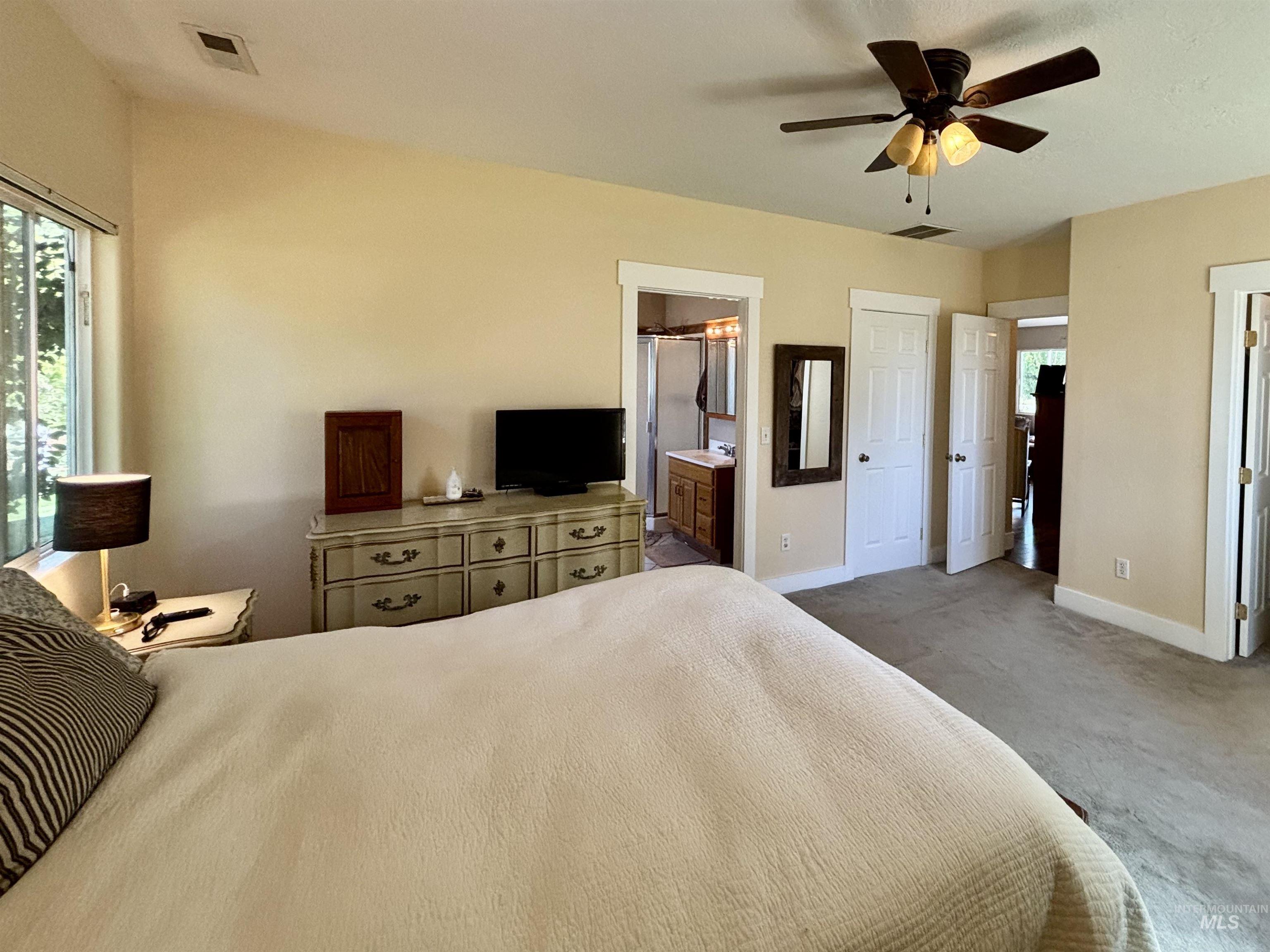 23626 Boise River Road Caldwell, ID 83607 - Photo 19 of 49 Carpeted flooring, ceiling fan with integrated lighting, multiple white panel doors, and a window providing exterior light
