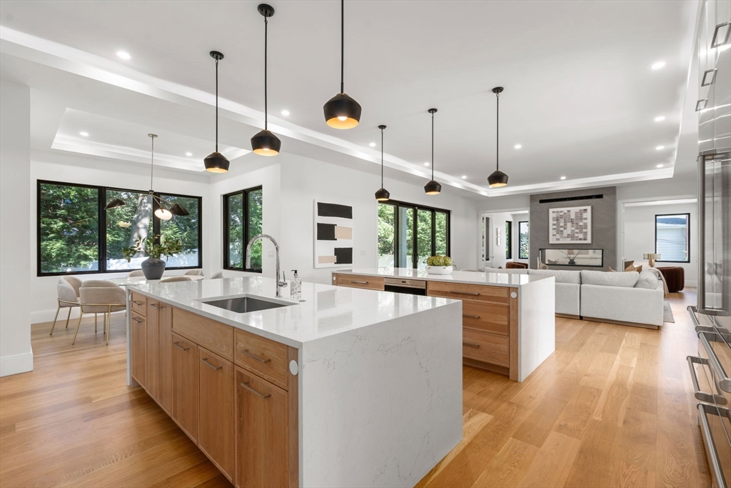 29 Levbert Road Newton, MA 02459 - Photo 8 of 40 a kitchen with stainless steel appliances granite countertop a sink a oven a counter space and living room view
