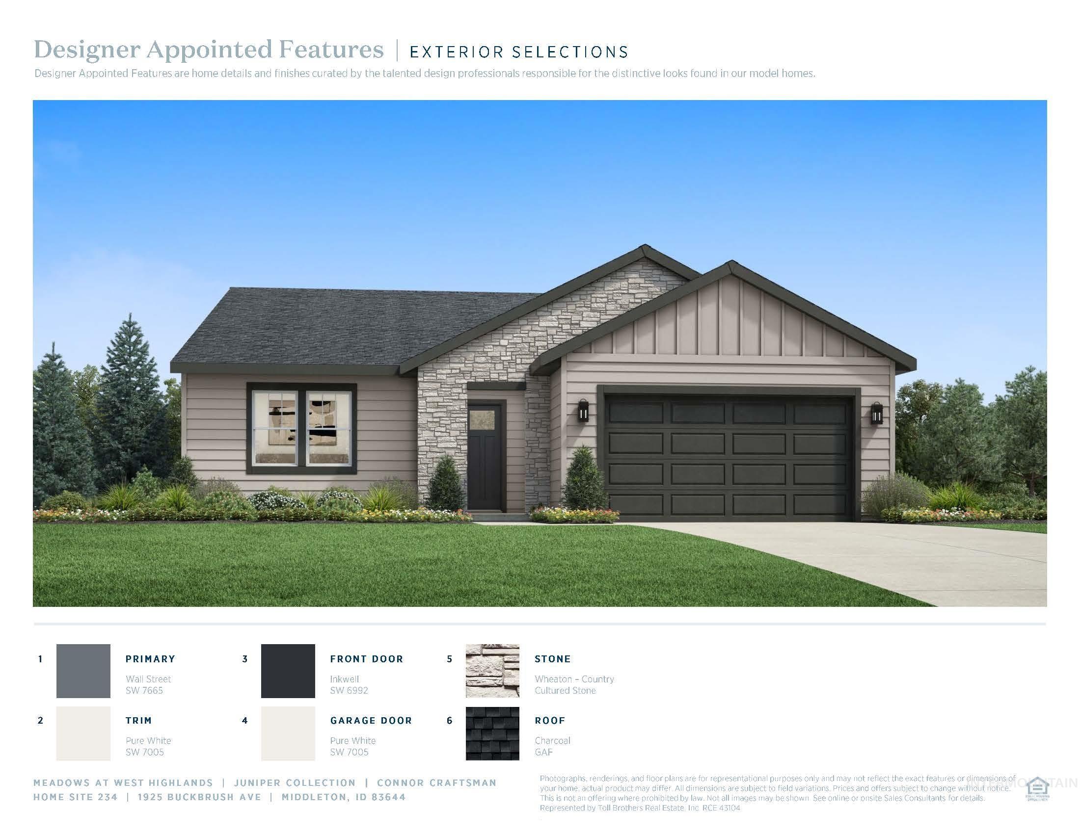 1925 Buckbrush Avenue Middleton, ID 83644 - Photo 13 of 20 Single-story residence featuring light gray siding, an attached two-car garage with a dark gray door, and a dark gray front door with glass inserts