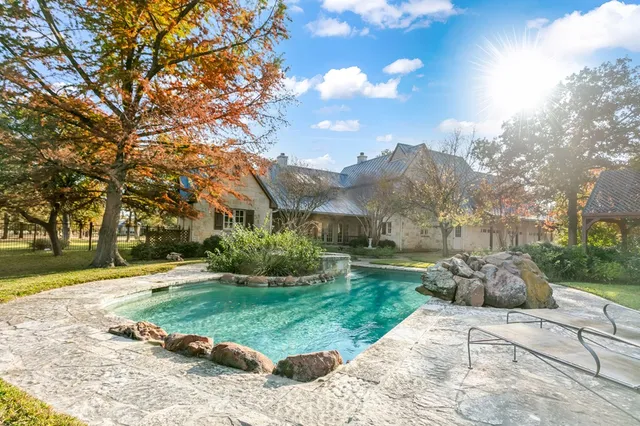 a view of a park with large trees