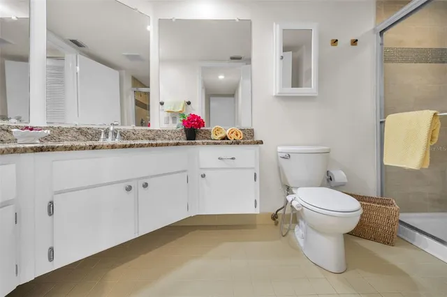 a bathroom with a sink toilet vanity and shower