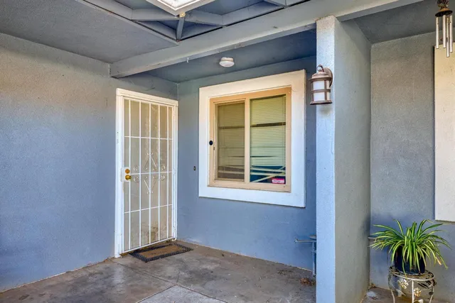 a view of an empty room with a window and potted plants with wooden wall