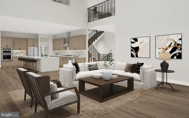 a living room with furniture and a dining table with wooden floor