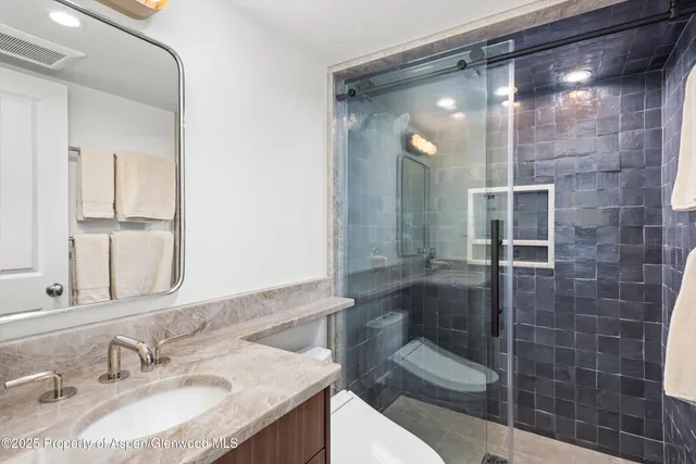 a bathroom with a granite countertop sink a mirror and shower