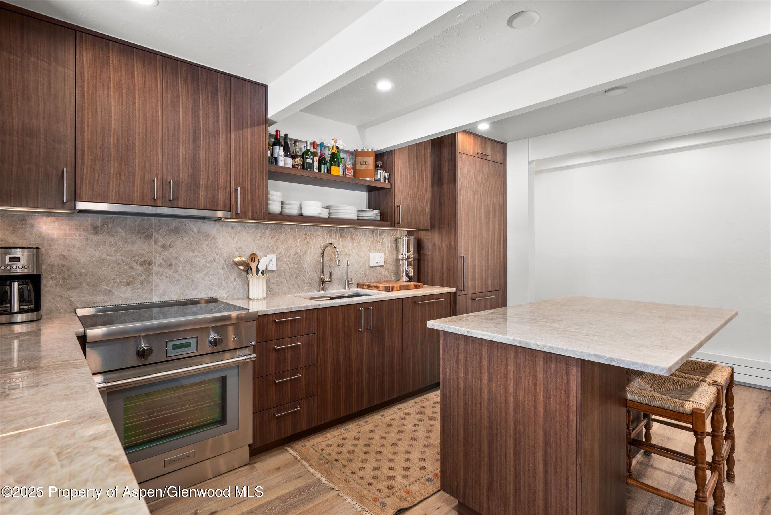 901 East Hyman Avenue, Unit 1 Aspen, CO 81611 - Photo 8 of 12 a kitchen with stainless steel appliances granite countertop a stove a sink dishwasher and a refrigerator with wooden cabinets