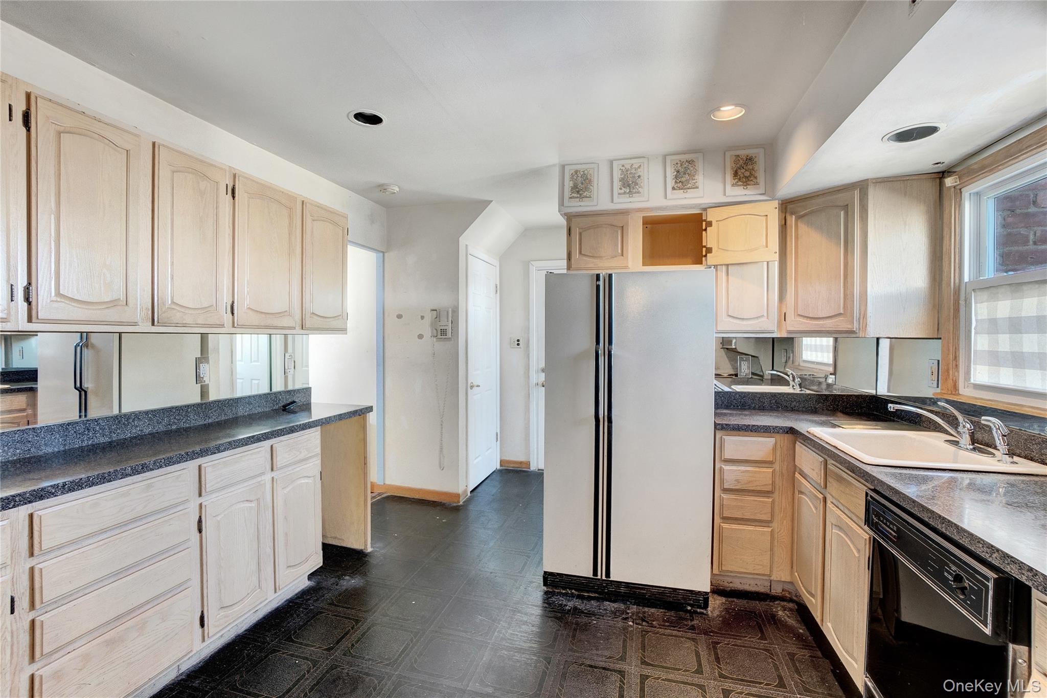 212 Newbridge Road Hicksville, NY 11801 - Photo 3 of 18 Kitchen with light brown cabinets, dark countertops, freestanding refrigerator, dark flooring, and dishwasher