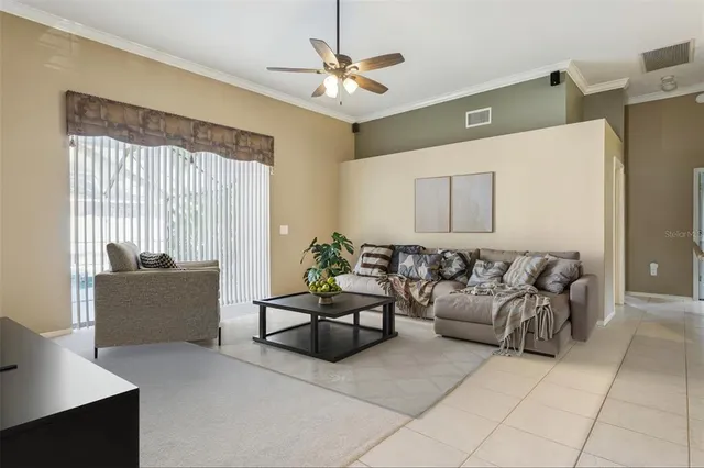 a living room with furniture and a potted plant