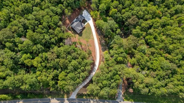 an aerial view of residential houses with outdoor space and trees