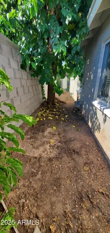 a view of a white house with a yard and potted plants