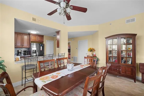 a view of a dining room with furniture
