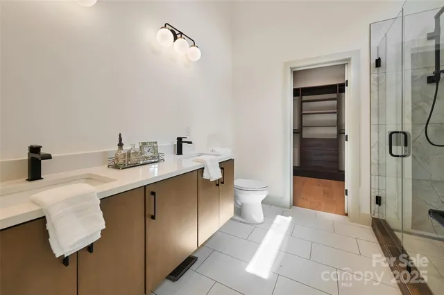 a bathroom with a sink toilet and shower