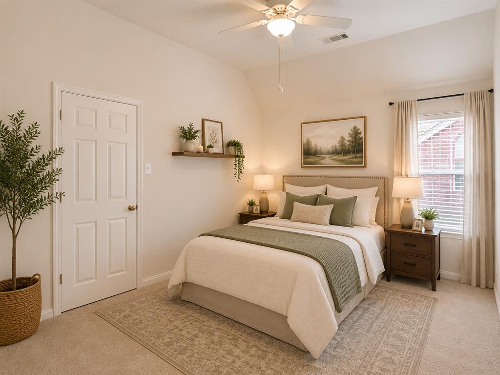 5708 Rickshaw Lane Plano, TX 75094 - Photo 27 of 28 Carpeted room featuring a white paneled door, a window with blinds and drapes, and a ceiling fan with integrated lighting
