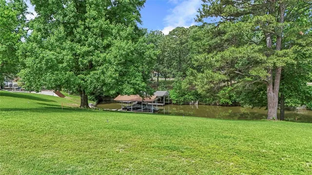 a view of a park with large trees