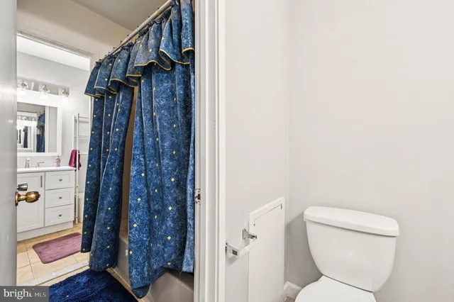 a bathroom with a toilet and a shower curtain