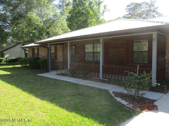a view of a backyard with plants and large tree