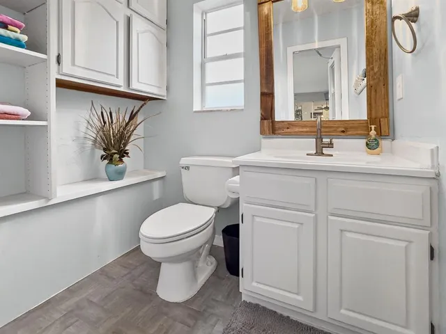 a bathroom with a sink a toilet and mirror