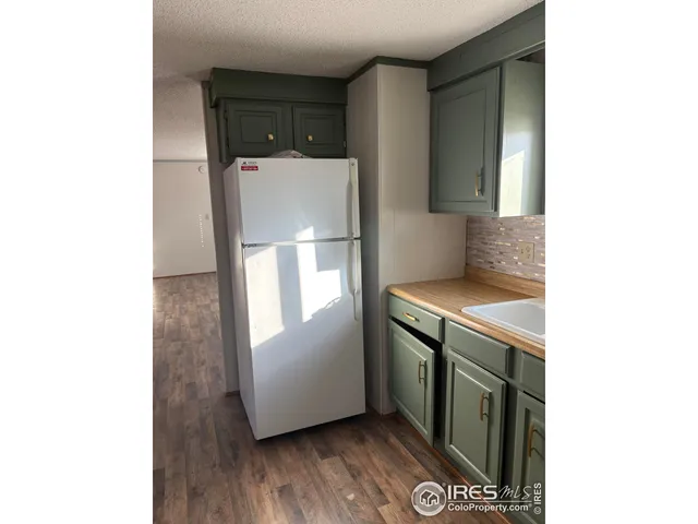 a kitchen with a refrigerator and a sink