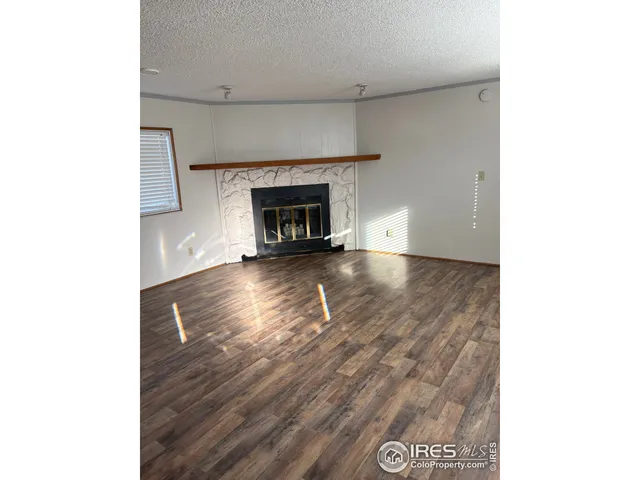 a view of an empty room with wooden floor and a fireplace