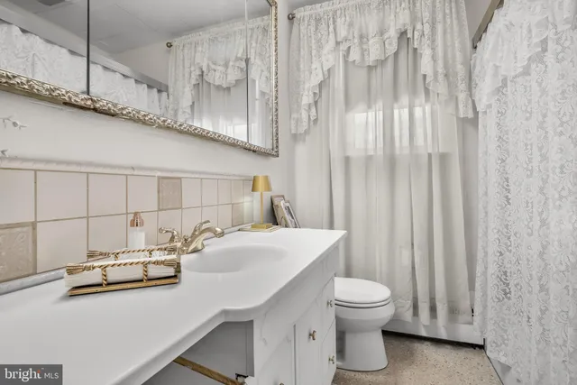 a bathroom with a sink a toilet and a mirror