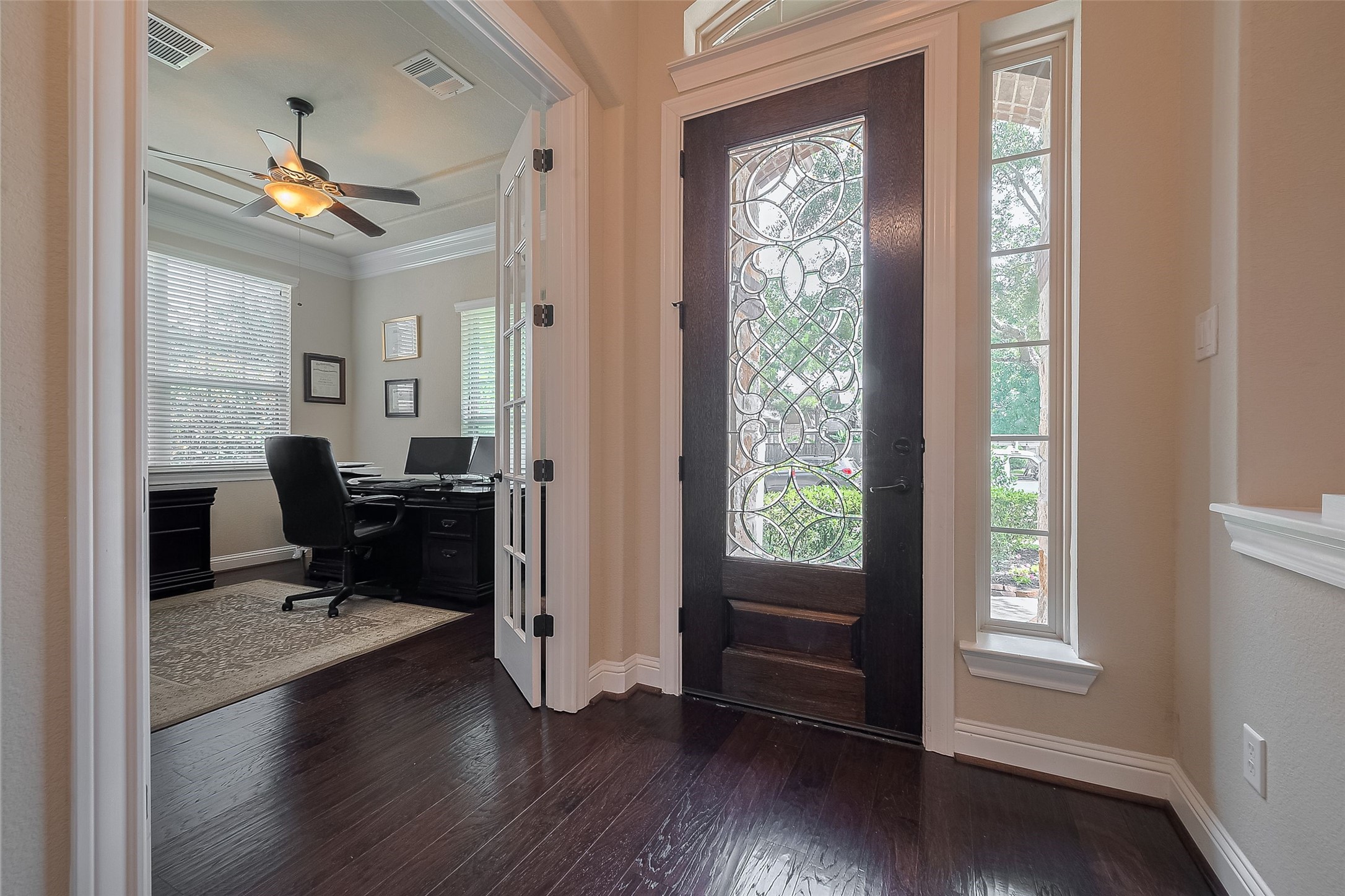 28210 Green Forest Bluff Trail Katy, TX 77494 - Photo 3 of 32 Beautiful leaded glass wood door and formal entry to elegant wood floors