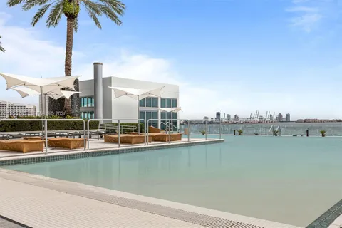 a view of a lake with a terrace