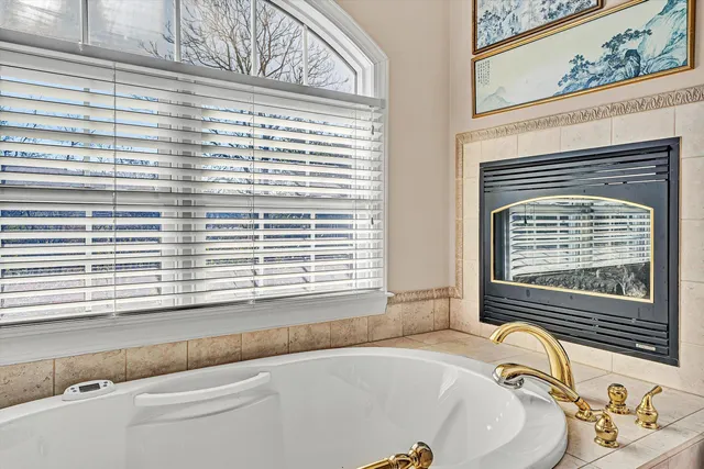 a view of a house with a fountain back yard and a fountain