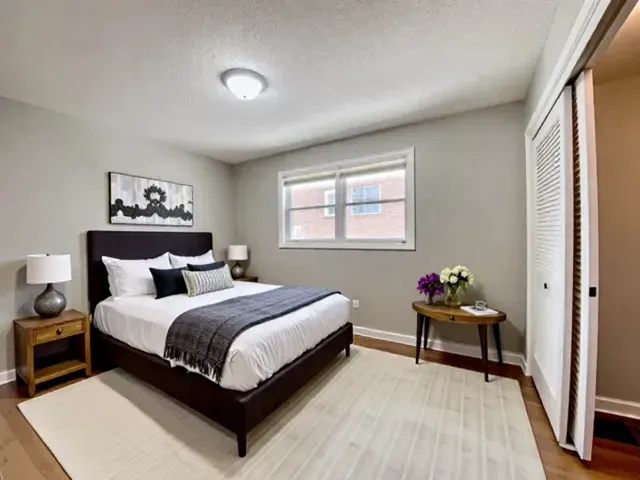 a bedroom with a bed and a night stand