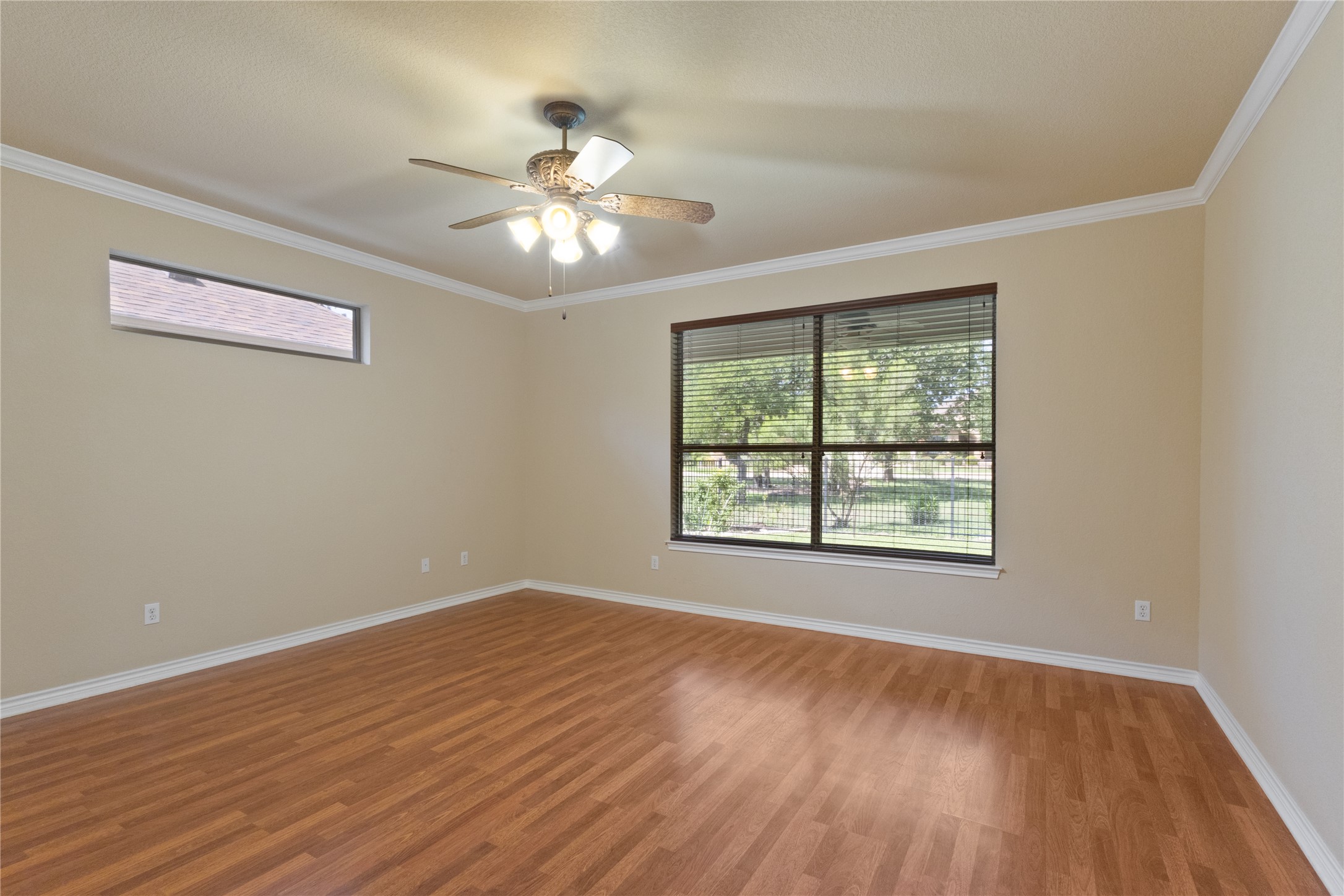 1005 Fort Davis Street Georgetown, TX 78633 - Photo 12 of 38 Master Bedroom with wood look flooring and a awesome view of the greenspace behind the home.