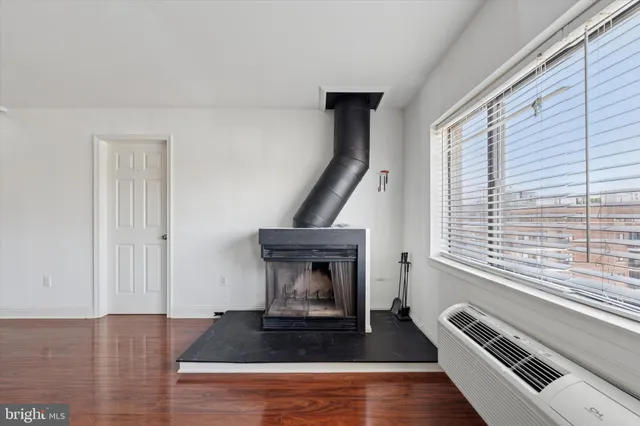 a living room with a fireplace furniture a rug and a window