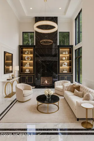 a living room with a couch and a floor to ceiling window