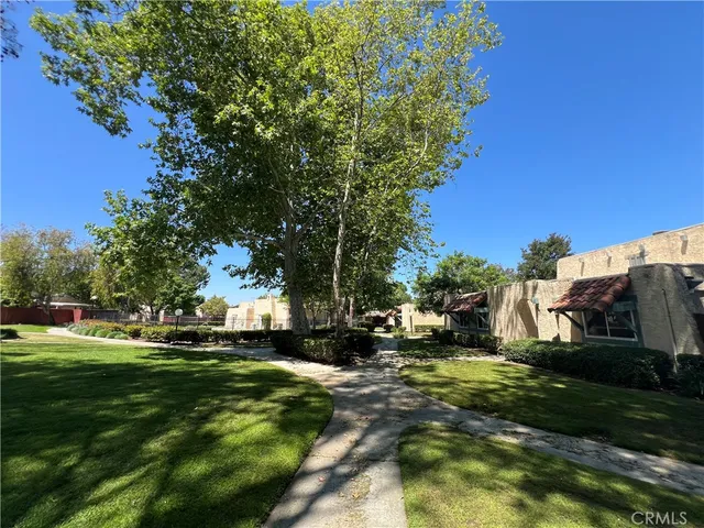 a view of a garden with a bench