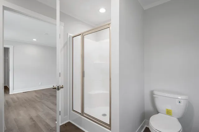 a bathroom with a shower and toilet