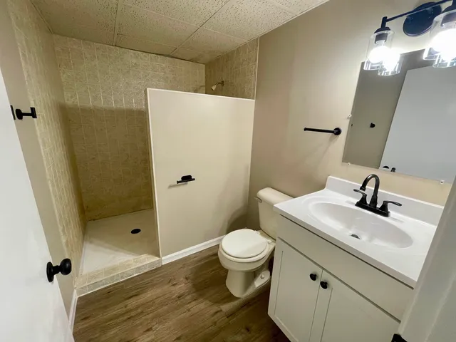 a bathroom with a sink a toilet and shower
