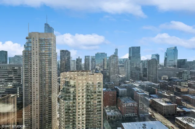 a city view with tall buildings