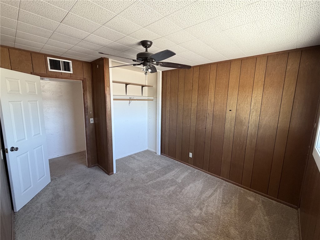 15691 Apache Loop Ehrenberg, AZ 85334 - Photo 18 of 24 Carpeted room featuring wood-paneled walls, a textured ceiling, a ceiling fan, and an open closet with shelving and a hanging rod