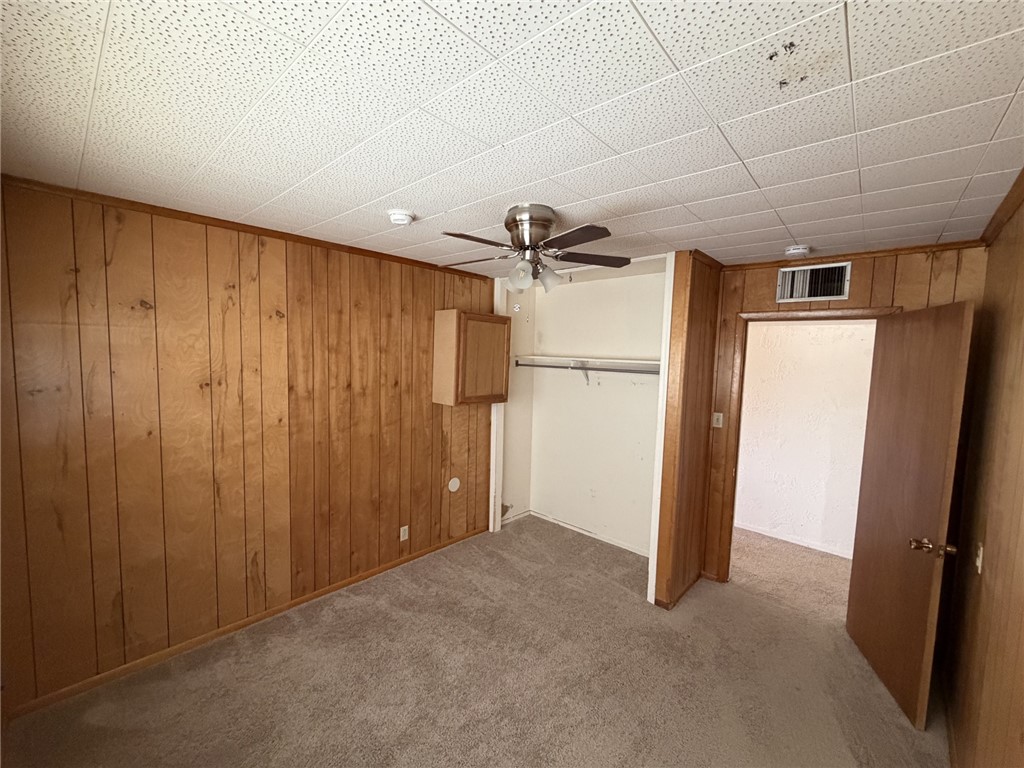 15691 Apache Loop Ehrenberg, AZ 85334 - Photo 20 of 24 Carpeted room featuring wood paneling, a ceiling fan with light fixture, and a built-in closet with a hanging rod