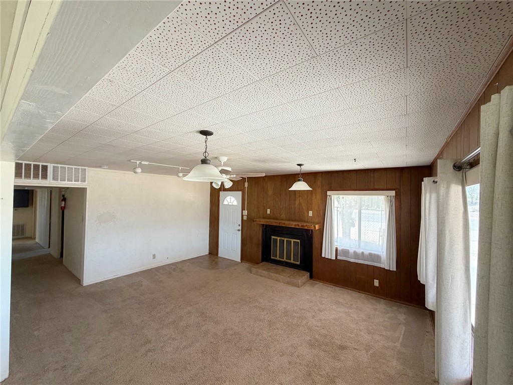 15691 Apache Loop Ehrenberg, AZ 85334 - Photo 5 of 24 Living area featuring wood-paneled walls, a built-in fireplace with a stone hearth, and a window with natural light