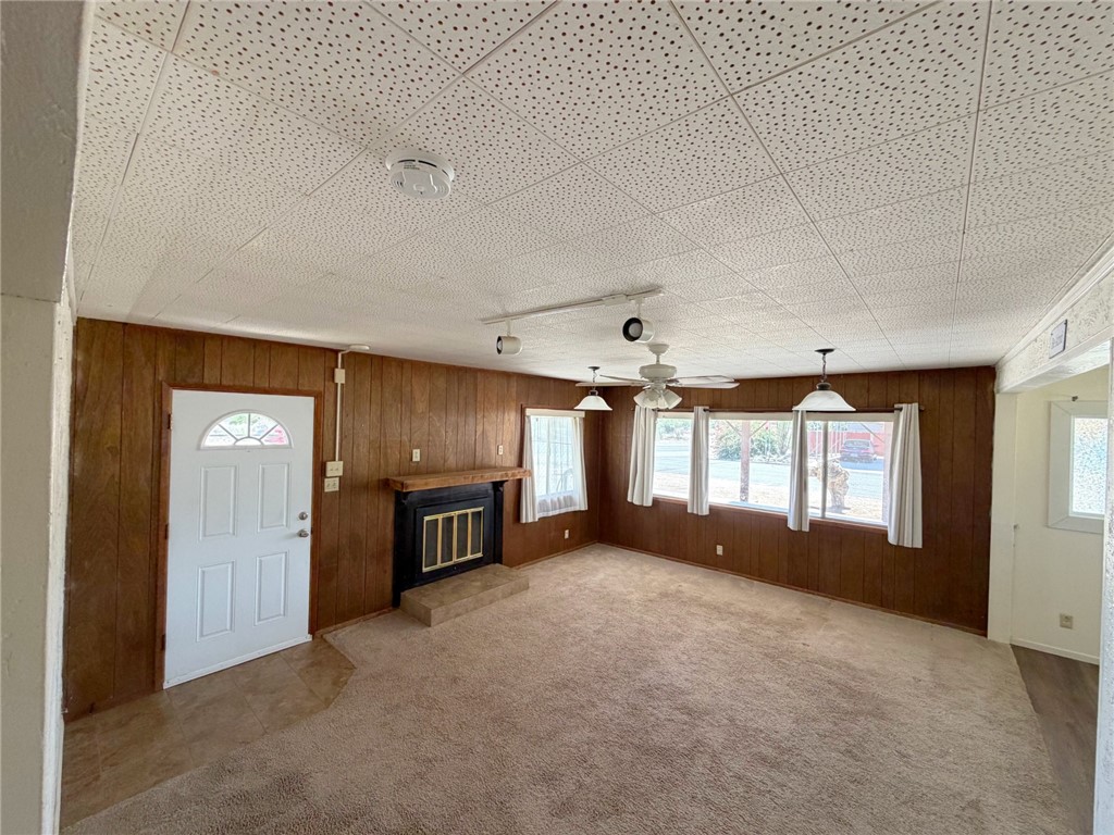 15691 Apache Loop Ehrenberg, AZ 85334 - Photo 6 of 24 Living area featuring wood paneling, a fireplace with a hearth, a front entry door with an arched glass insert, and multiple windows