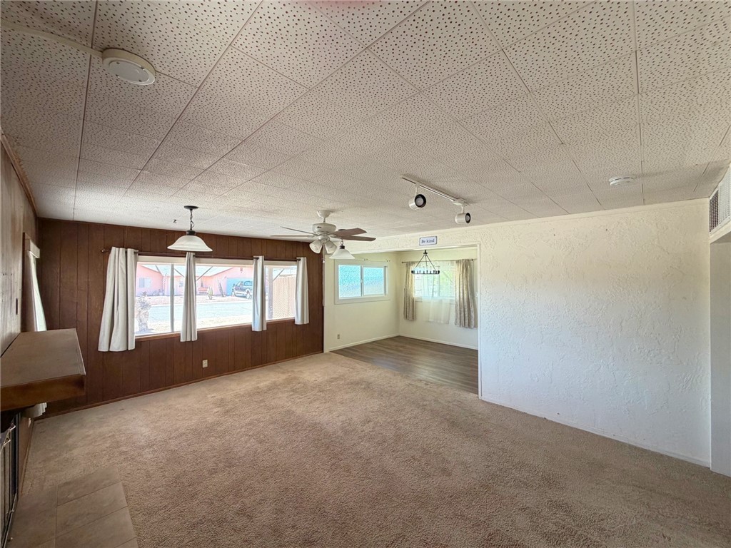 15691 Apache Loop Ehrenberg, AZ 85334 - Photo 7 of 24 Spacious living area featuring carpet flooring, wood panel accent wall, multiple windows, and a ceiling fan
