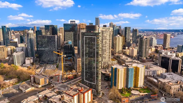 a view of a city with tall buildings
