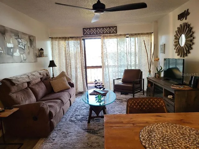 a living room with furniture a rug and a large window