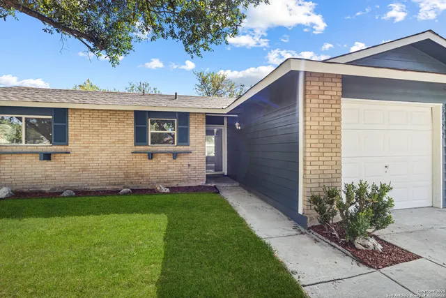 a backyard of a house with potted plants and large tree